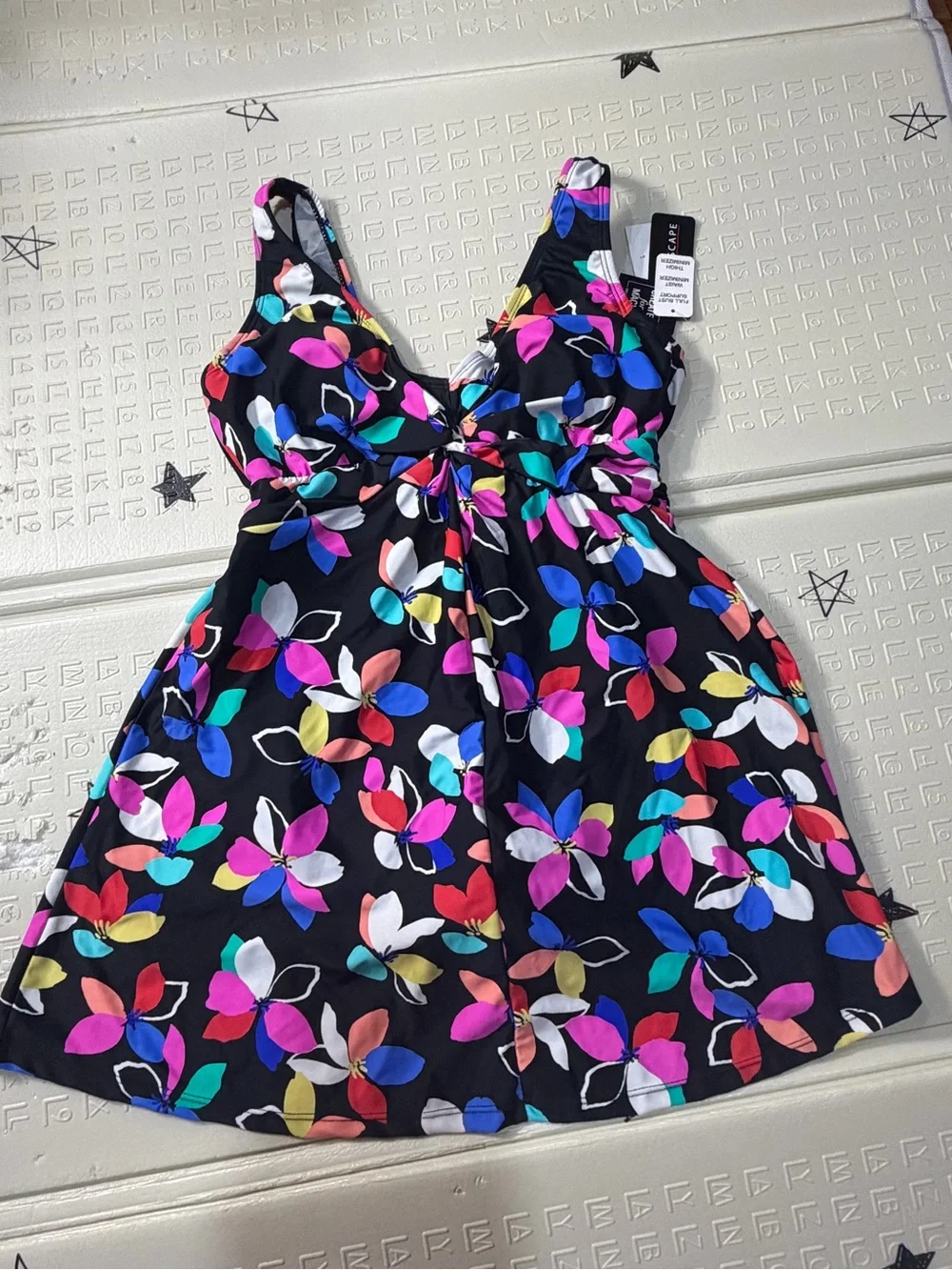 Maxine of Hollywood Black One-Piece Swimsuit with Multicolor Floral Print